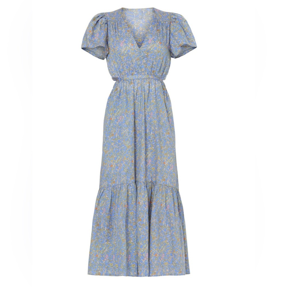 XíRENA Gabrielle Cutout Dress Size Large Blue Floral Midi V Neck Flutter Sleeve - Picture 7 of 16
